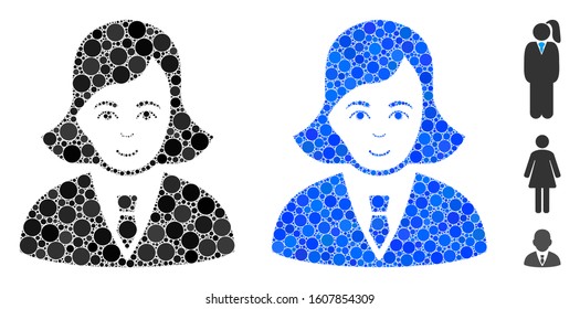 Business lady mosaic of circle elements in variable sizes and color hues, based on business lady icon. Vector circle elements are combined into blue illustration.