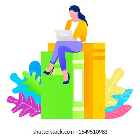 Business lady on high heels, freelancer on stalk of textbooks, working character, abstract trees. Woman sitting on piles of books searching answer in internet person in flat style, vector illustration