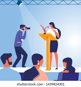Business Lady on Stage in front Audience. Conduct Business Training near Podium with Microphone. Photographer Photographs Woman on Stage. Speak to Audience. Training for Women. Vector Illustration.