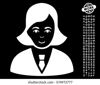 Business Lady pictograph with bonus occupation pictures. Vector illustration style is flat iconic white symbols on black background.