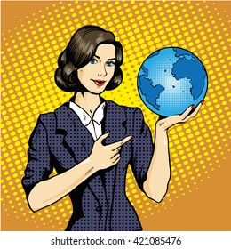 Business lady with planet Earth in hand. Stock vector illustration in pop art retro comic style