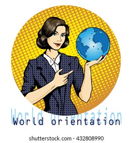 Business lady with planet Earth in hand. Stock vector illustration in pop art retro comic style