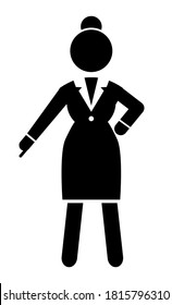 Business lady point with finger down gesture at something. Black and white logo portrait with businesswoman wearing office dress. Web icon isolated female in office suit keep dresscode. Vector avatar