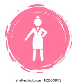 Business lady point with finger down gesture at something. Red logo portrait with businesswoman wearing office dress. Web icon isolated female in office suit keep dresscode. Vector avatar