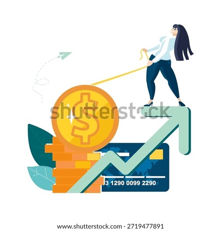 Business lady pulls golden dollar cent, penny on green arrow up accumulation of funds on card for payment. Work hard, money profit, get financial investment Business income, people Vector illustration