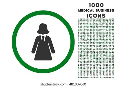 Business Lady rounded vector bicolor icon with 1000 medical business icons. Set style is flat pictograms, green and gray colors, white background.