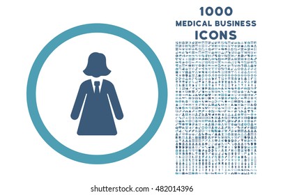 Business Lady rounded vector bicolor icon with 1000 medical business icons. Set style is flat pictograms, cyan and blue colors, white background.