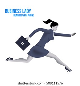 Business lady running with mobile phone template. Running business lady in business suit with case and mobile phone isolated on white background. Vector illustration.
