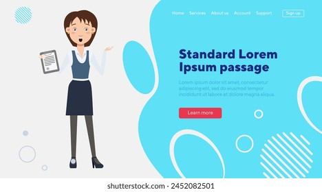 Business lady shocked with contract terms. Flat vector illustration. Young woman in office wear with document. Paperwork, business, partnership concept for web design, banner, landing page