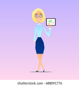 Business lady shows the presentation graphics tablet, vector illustration