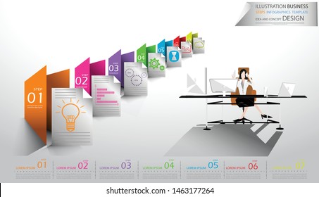 Business lady sit work   - Cellphone, Tablet ,Laptop,Computer,Icon, Folder Colorful, Network Technology, Illustration Business Steps Infographics Template  Idea and concept design.