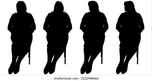 The business lady sits on a chair with her legs folded elegantly. Four women sit in one row, in one line. Meeting, business lunch. Front view. Black female silhouette isolated on white background.