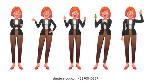 A business lady is standing with her arms crossed, pointing at something, waving her hand, with a smartphone in her hand. A beautiful slender white girl with glasses stands in different poses.