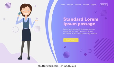 Business lady talking on phone. Flat vector illustration. Busy young woman in office wear. Business, communication, modern technology concept for web design, banner or landing page