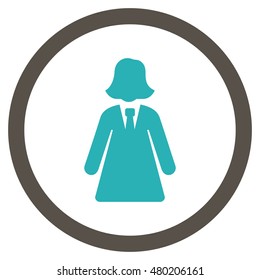 Business Lady vector bicolor rounded icon. Image style is a flat icon symbol inside a circle, grey and cyan colors, white background.