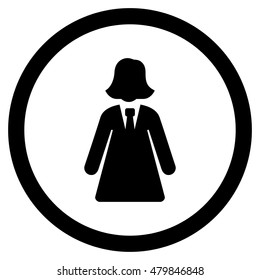 Business Lady vector rounded icon. Image style is a flat icon symbol inside a circle, black color, white background.