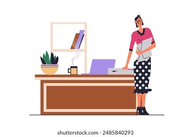 Business lady web concept with people scene in flat design. Woman entrepreneur working at her office with desk and laptop, doing company paperwork. Vector illustration with character situation for web
