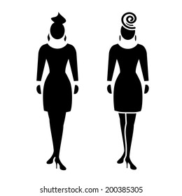 Business lady web icon. High society, fashion symbol. Set of 2 black front standing front silhouettes on white background.  Vector illustration