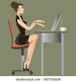 Business lady is working on computer at the office, flat people illustration, woman with laptop