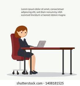 Business lady is working on computer at the office, flat people illustration, woman with laptop