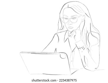 Business lady working on tablet vector line art