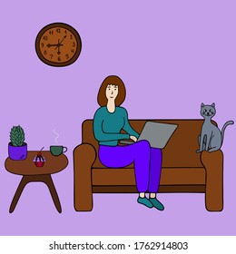 Business lady works from home. Vector illustration on an isolated purple background. A woman is sitting on a sofa, next to a cat. On the table are coffee, a cupcake and a cactus. Wall Clock. Laptop.