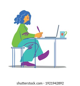 Business lady writes at table with laptop and cup - vector illustration