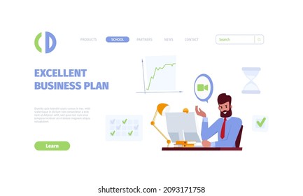 Business landing. Busy character sitting at workplace with laptop or pc monitor on table garish vector web page template