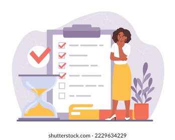 Business landing concept. Woman near piece of paper checks targets and goals. Time management and organization of effective workflow. Motivation and leadership. Cartoon flat vector illustration