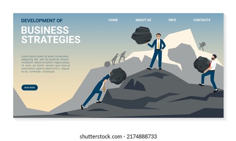 Business landing. managers and bosses pushing big stones to the goal concept of heavy work and people ambition. Vector web page template with place for text