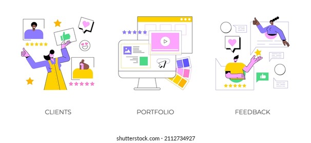 Business Landing Page Abstract Concept Vector Illustration Set. Clients, Portfolio, Feedback, Corporate Website, Project Main Customers, Menu Bar, Navigation Design, Service Catalog Abstract Metaphor.