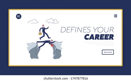 Business landing page with businessman passing obstacles for goal achievement and career development. Employee bridging over mountain gap with risk and support. Linear vector illustration