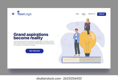 Business landing page with a man standing and woman sitting on a light bulb above a book, flat design style, white background, concept of innovation and startup. Vector illustration