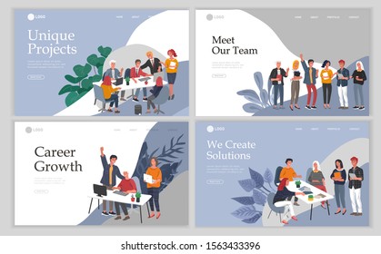 Business Landing page template with Office workers communicating or talking to client or conversations between teamwork or meeting, brainstorming. Vector cartoon concept illustration for business