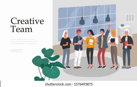 Business Landing page template with Office workers communicating or talking to client or conversations between teamwork or meeting, brainstorming. Vector cartoon concept illustration for business