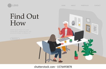 Business Landing page template with Office workers communicating or talking to client or conversations between teamwork or meeting, brainstorming. Vector cartoon concept illustration for business