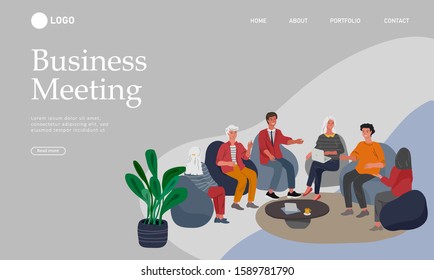 Business Landing page template with Office workers communicating or talking to client or conversations between teamwork or meeting, brainstorming. Vector cartoon concept illustration for business