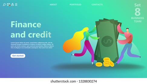 business landing page template. Team work landing page template.  Success business concept, people man and woman hold a big wad of dolar money bills