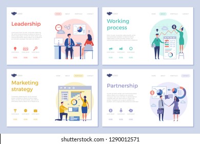 Business landing pages. Web design ui template clean design pictures businessmen office managers directors team work vector pictures