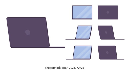 Business laptop, black notebook computer, small portable gadget. Open screen, modern slim silver design. Vector flat style cartoon illustration isolated, white background, different views and position