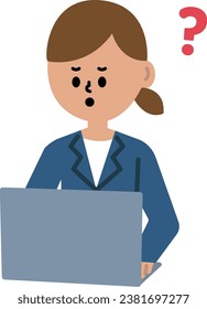 Computadora portátil de negocios Escritorio Mujer Cuidada Caricatura de preguntas