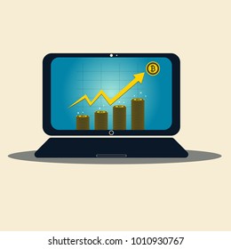 Business laptop concept symbol on-screen. Bitcoin gold icon for rowth chart on medal bitcoin background.vector illustration
