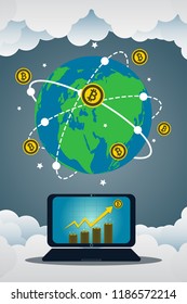 Business laptop concept symbol on-screen. Bitcoin gold icon for rowth chart on coin spin around the world.