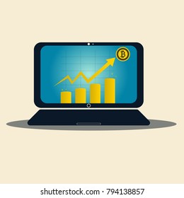 Business laptop concept symbol on-screen. Bitcoin gold icon for rowth chart on medal bitcoin background.vector illustration
