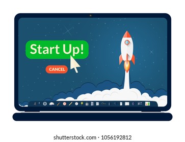 Business laptop illustration with a startup icons set and rocket launching background