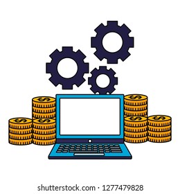 business laptop stack coins money gears