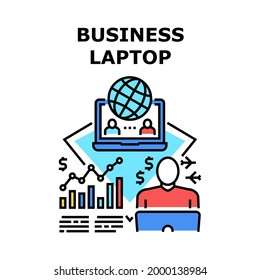 Concepto de icono de vectores de portátiles empresariales. Para Llamar A Video Online Con Socios Y Monitorear Las Tasas En El Mercado De Comercio Internacional. Ilustración electrónica de color de gadget