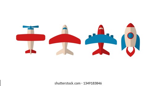Business launch airplane and startup rocket vector cartoon icon set. Colorful airplane and rocket icons in red, white and blue.