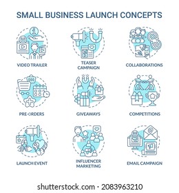 Business launch concept icons set. Modern project and service startup boosting. Marketing and business strategy idea thin line color illustrations. Vector isolated outline drawings