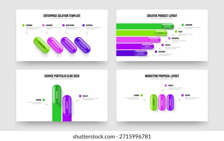 Paquete de Ilustración vectorial de diseño de presentación de diapositivas de cuatro, dos y tres opciones. Resumen financiero 4 5 2 3 Paso Infografía Slide Design Set.